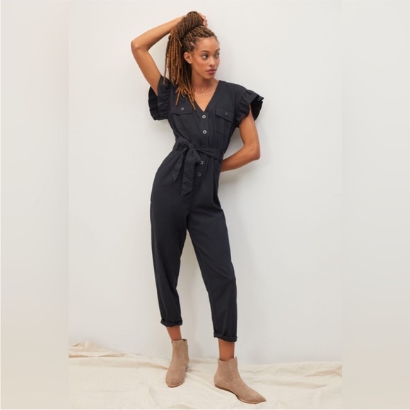 Anthropologie Pants - Anthropologie Tapered Ruffle Utility Jumpsuit Washed Black M